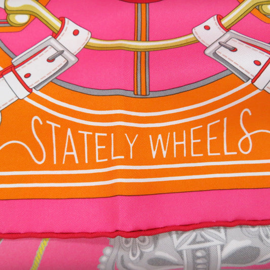 HERMES Carre Stately Wheels Size 90 Rose vif/Rouge/Orange Silk100%