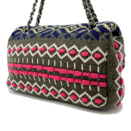 CHANEL CC Logo Knit Shoulder Bag Khaki/MulticolorA90848 Knit Size 25