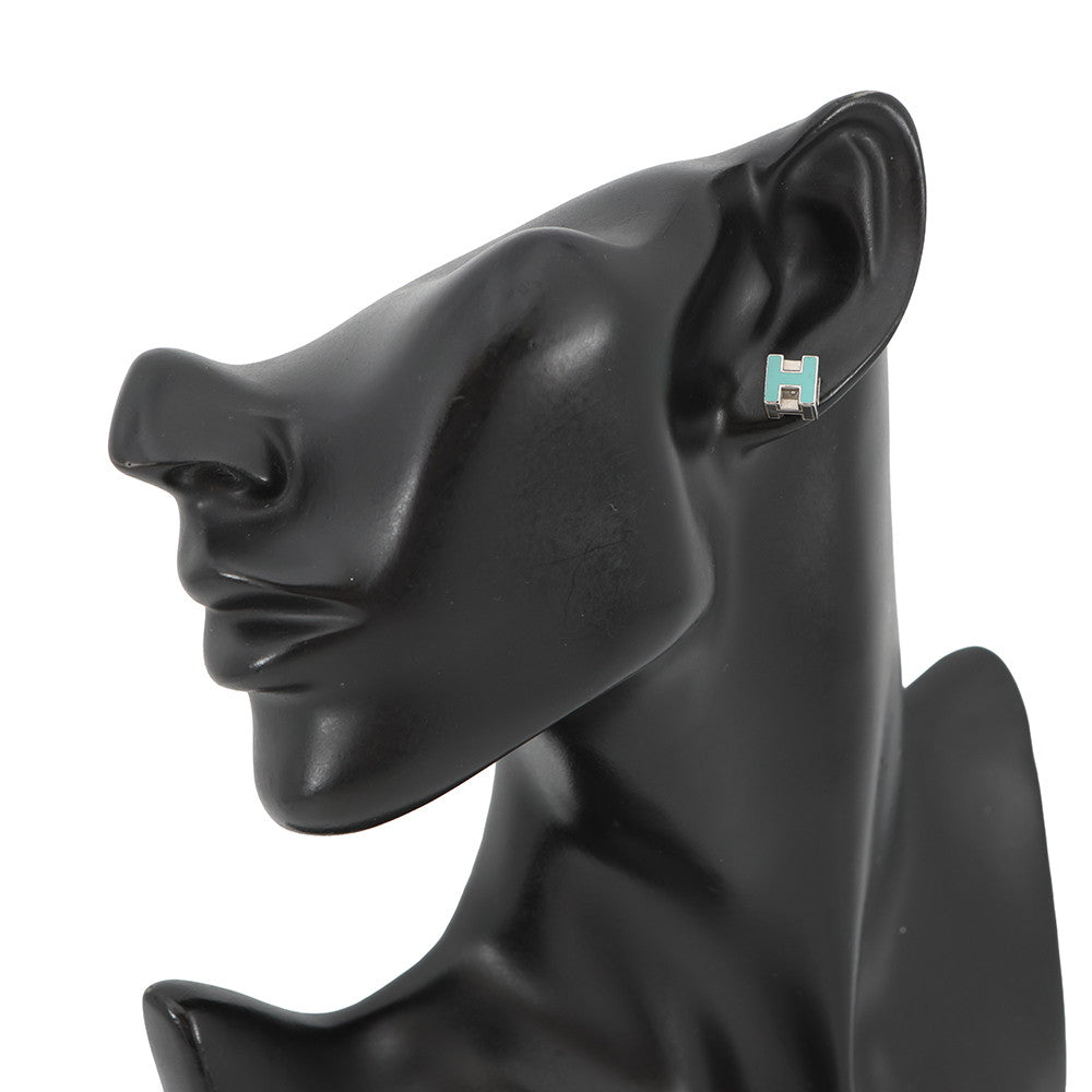 HERMES Cage Do Ash H Cube Earrings Light Blue Metal