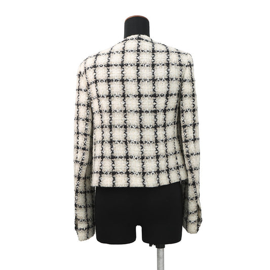 CHANEL Tweed 2-Pocket Collarless Jacket Short Size 38 Ivory/Black/GrayP62411V47773 Wool 38% Acryl23% Polyester18% Linen12% Polyamide7% Alpaca2%
