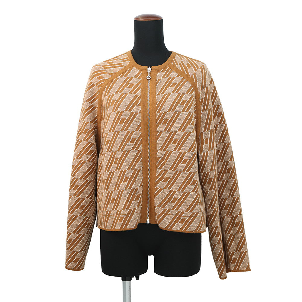 HERMES HenBiais H Ambie Reversible Knit Short Collarless Jacket Size 34 Brown Cashmere63% Cotton35% Nylon2%