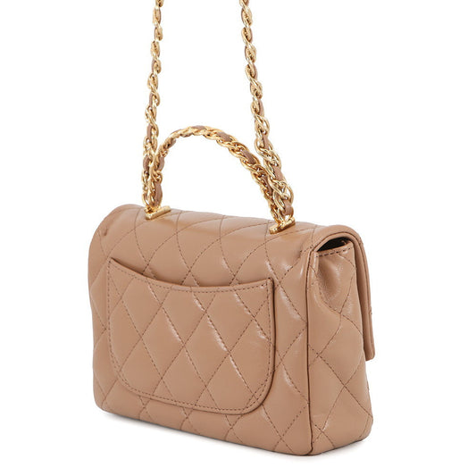 CHANEL Matelasse Top Handle 2-Way Chain Shoulder Bag BeigeAS4023 Shiny Lambskin Size Small