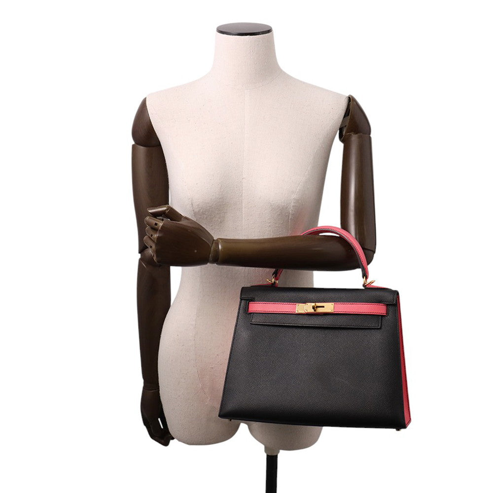 HERMES Kelly Sellier Rose Azalee/Black Epsom Size 28