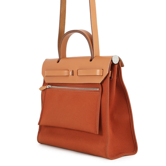 HERMES Herbag zip Orange/Natural Toile H Vache Hunter Leather Size PM