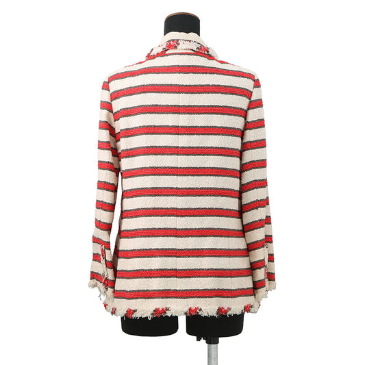 CHANEL Striped Tweed Jacket Size 42 Ivory/Red/BrownP33189 Cotton 38% Silk 38% Polyamide 17% Wool 4% Rayon2% Metal 1%