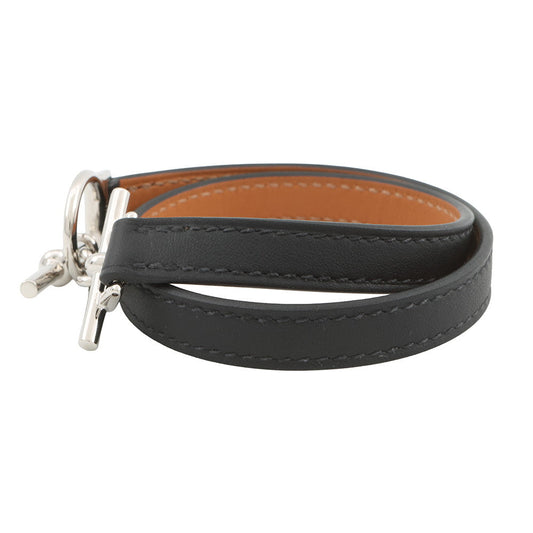 HERMES Leather Bracelet "Croisière" Double Tour Size T3 Black Swift Leather