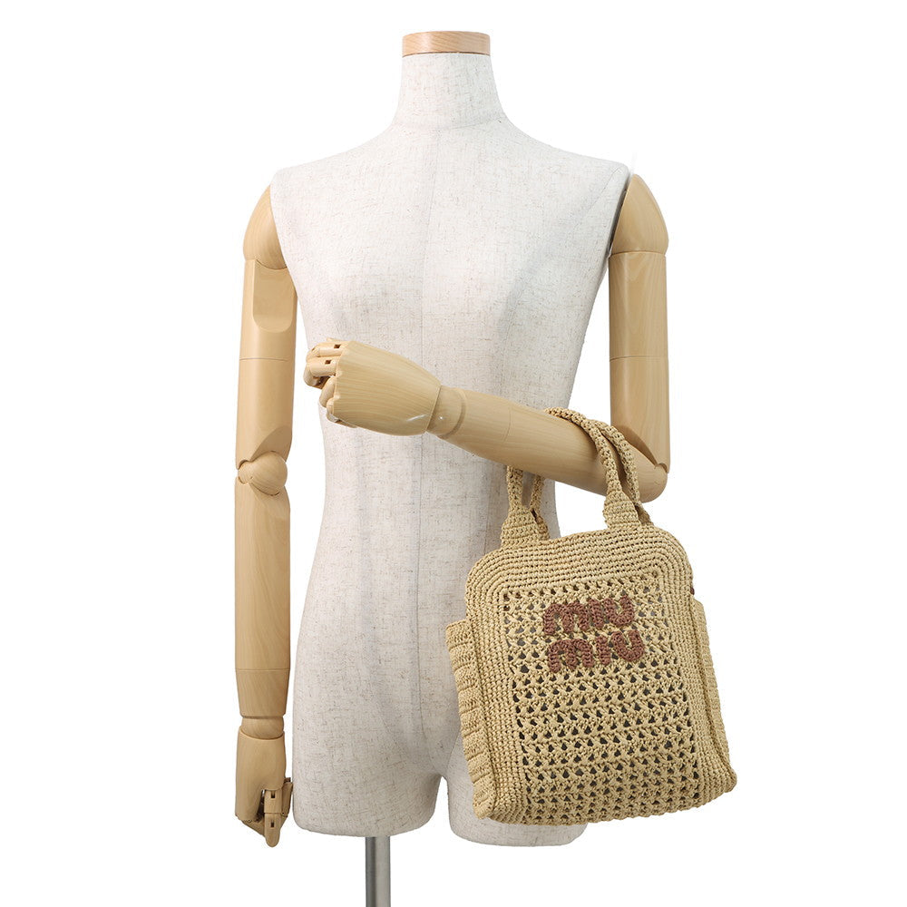 MIUMIU Crochet Fabric Tote Natural/Cognac5BA283 Raffia Leather