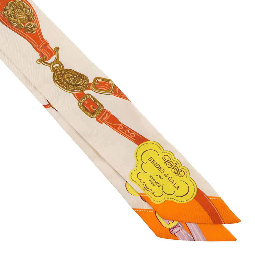 HERMES Twilly Brides de Gala Applique Pique Cream/Orange/Jaune Silk100%