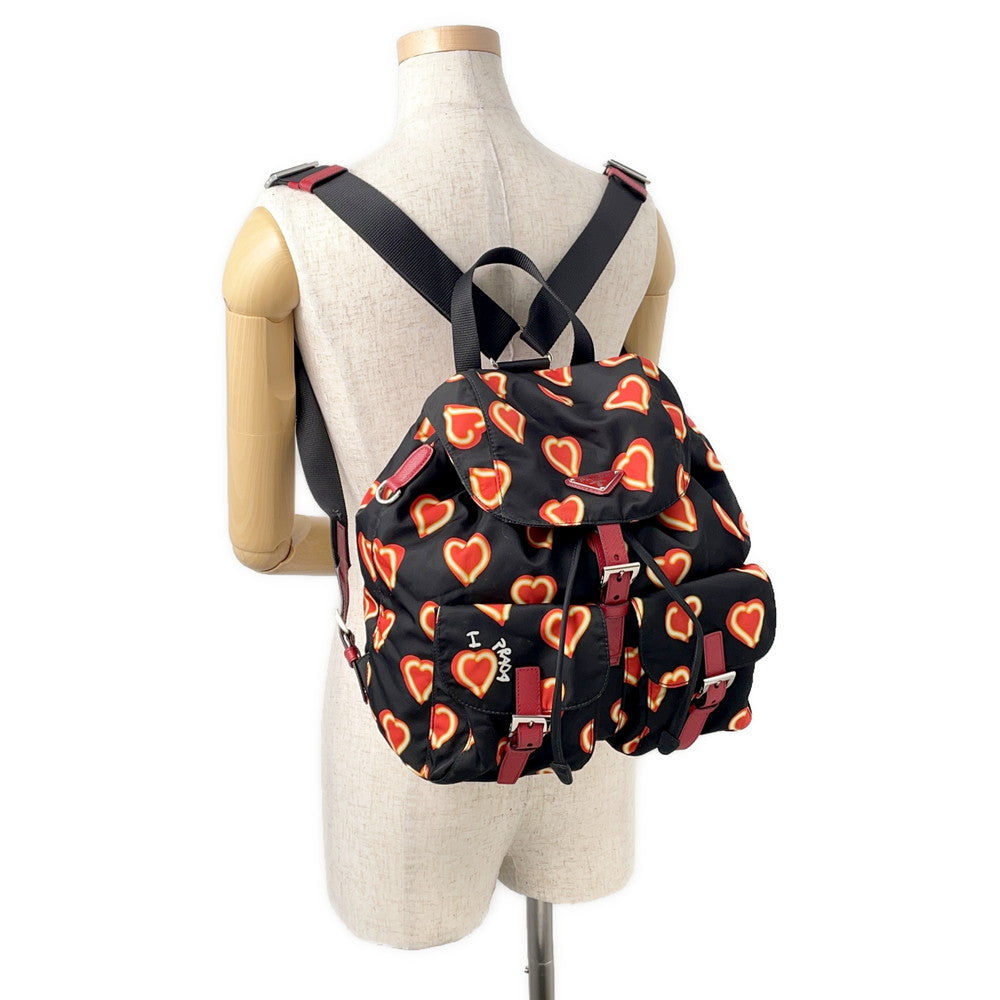 PRADA Heart Pattern Backpack Black/Red1BZ006 Nylon