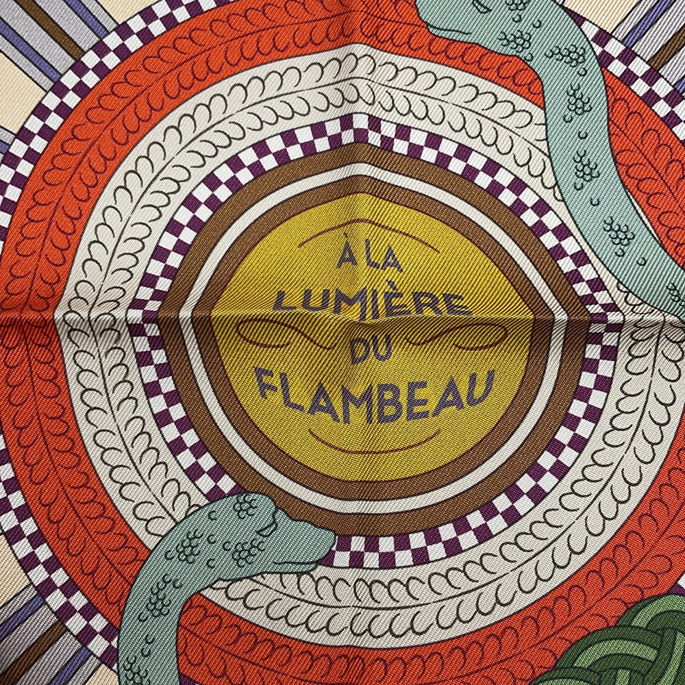 HERMES Carre Double Face A la Lumiere du Flambeau Double face Torchlight Size 90 Cream/Moldore/Blue Lavand Silk100%