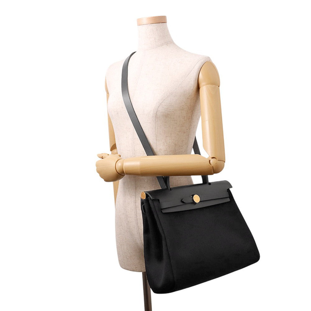 HERMES Herbag Zip Le Tournet Black Toile Military Vache Hunter Leather Size PM