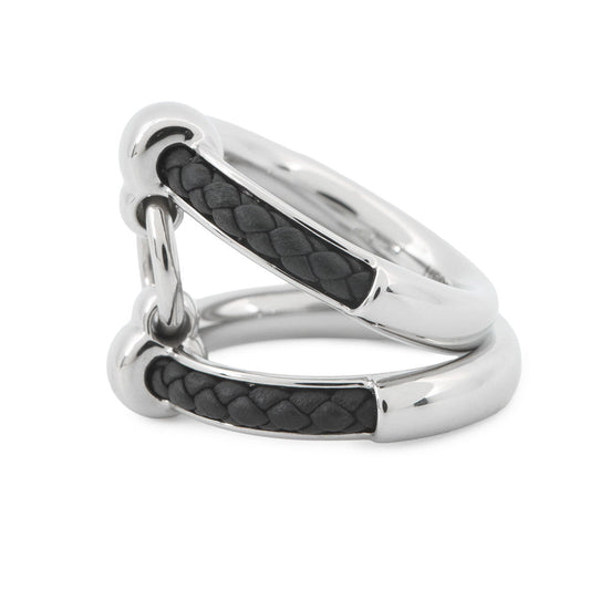 HERMES Fribustier Ring Size 58 Black Metal Leather