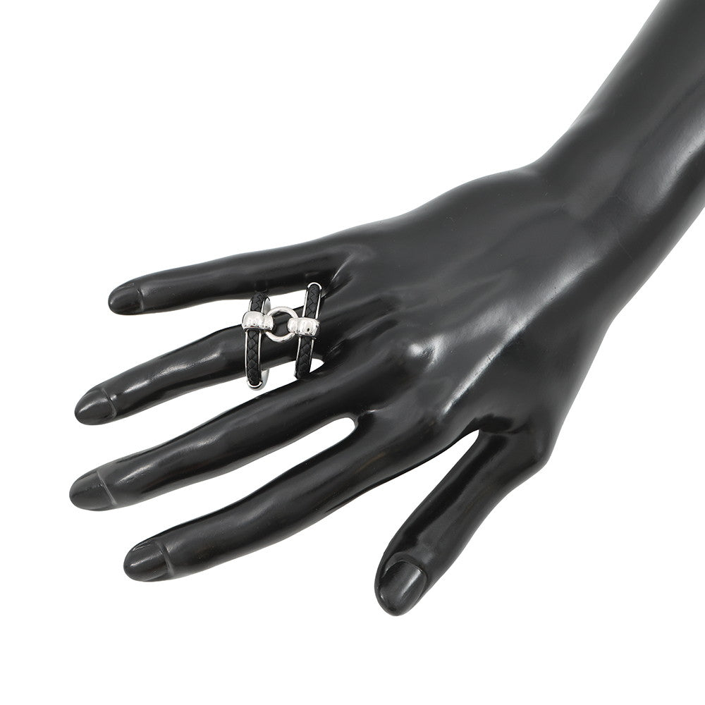 HERMES Fribustier Ring Size 58 Black Metal Leather