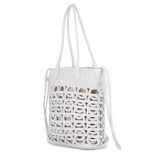 Ferragamo Gancini Tote Bag Optical White21A012 Calf Leather Size Medium