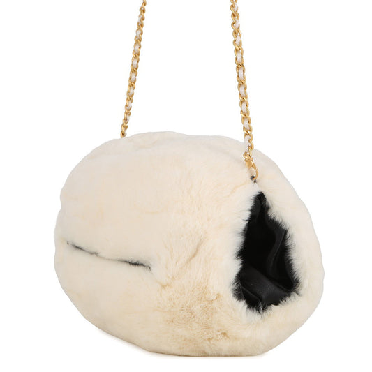 CHANEL Fur Arm Warmer Chain Shoulder Bag White/BlackA17714 Lapin 100%