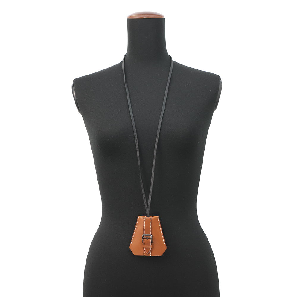 HERMES Clochette Long Necklace Fauve Barenia Leather Fauve