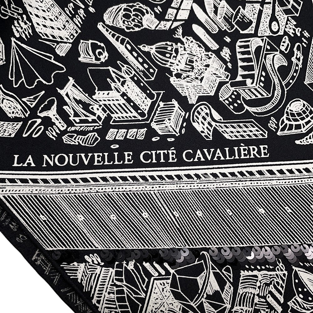 HERMES Carre Precieux Cité Cavaliere, the city of night cavalry Size 90 Black Silk100% Spangol