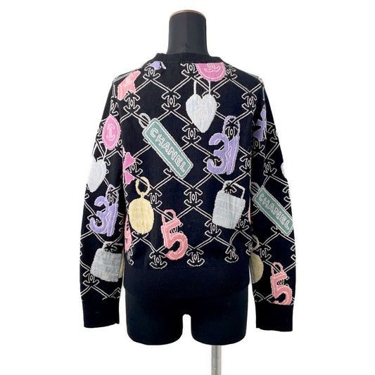 CHANEL Logo sweateater Size 36 Black/MulticolorP72298 Cashmere99% Elastine1%
