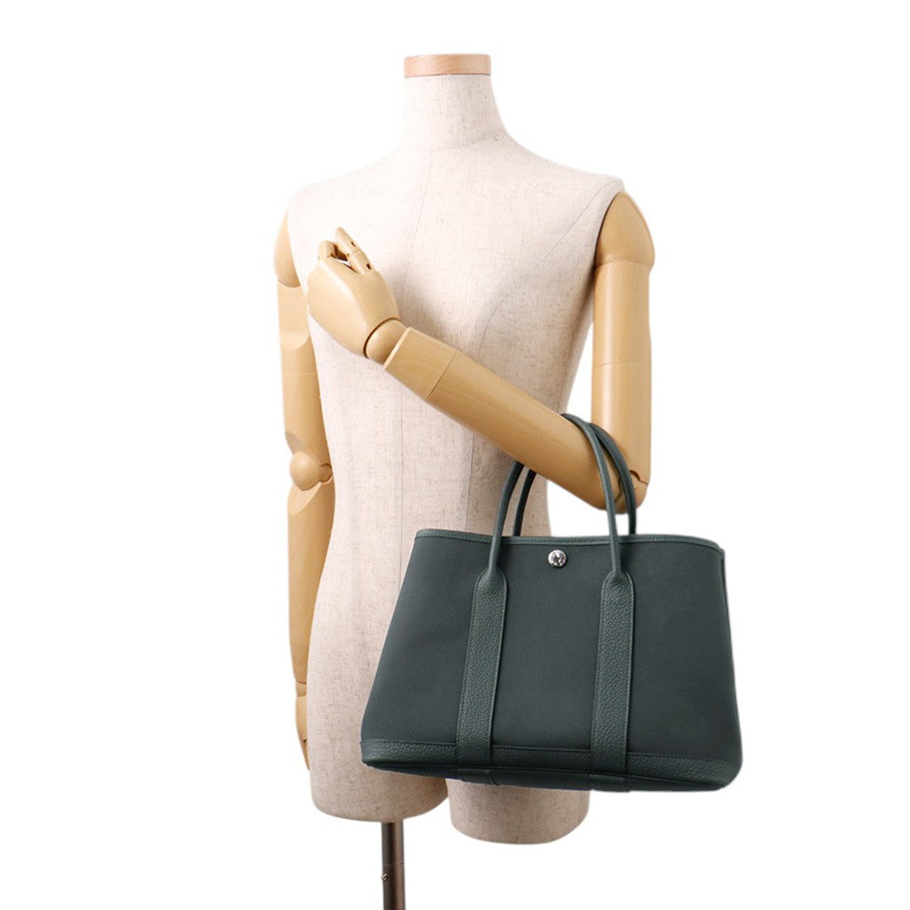 HERMES Garden Party Vert Mangrove Toile Military Negonda Leather Size TPM