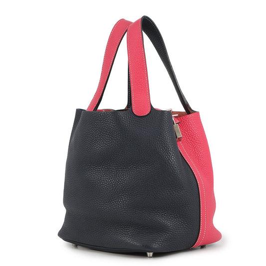 HERMES Picotin Lock Casaque Rose Extreme/Blue Nuit Taurillon Clemence Size MM