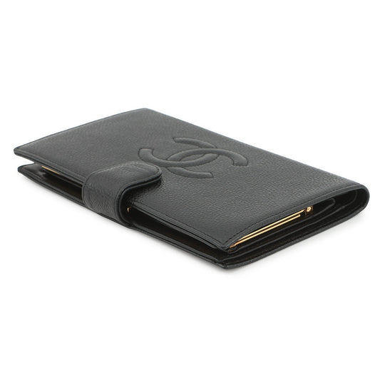 CHANEL CC Logo Kiss Lock Long Wallet Black Caviar Leather
