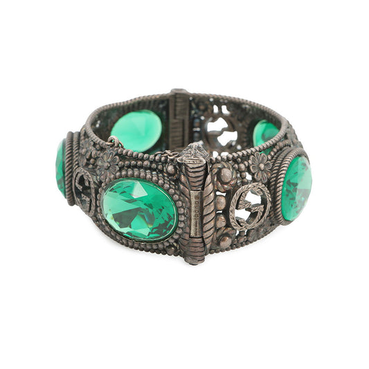 GUCCI Interlocking G Flower Bangle Size 16 Silver/Green SV925