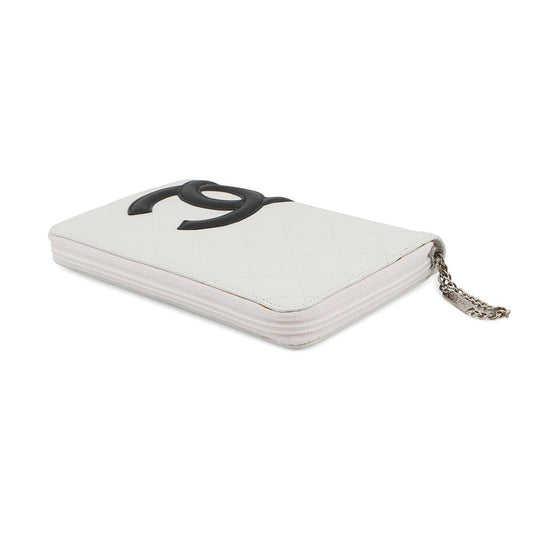 CHANEL Cambon Line Zip Around Long Cloth White/Black/PinkA26710 Calf Leather