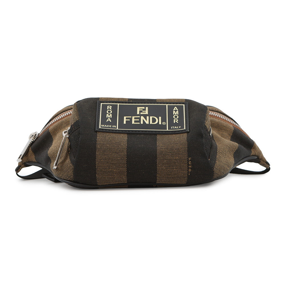 FENDI Pecan Stripe Waist Bag Black/Brown7VA446 Canvas Leather Size Small