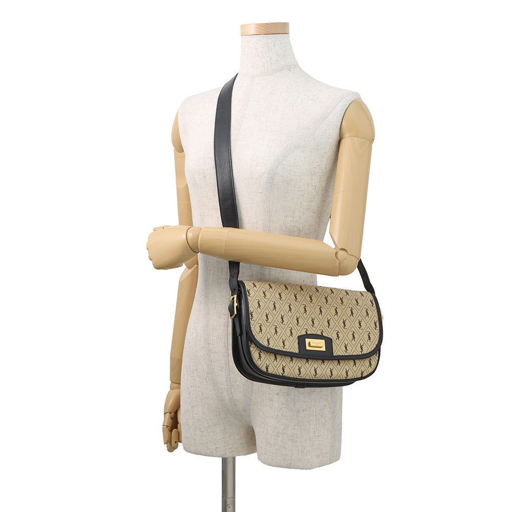 SAINT LAURENT PARIS Monogram Satchel All-Over Shoulder Bag Beige/Black585006 Canvas Leather Size Medium
