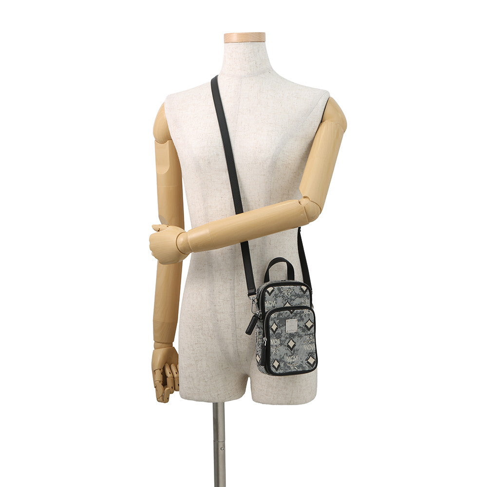 MCM Vintage Jacquard Phone Shoulder Bag Black/Gray/WhiteMMRBATQ02EG001 Canvas Leather