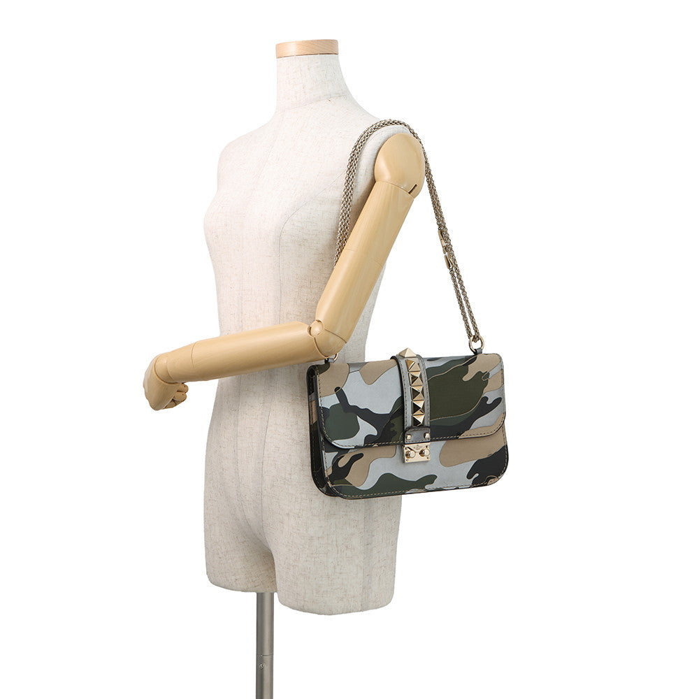 Valentino Garavani Glam Rock Camouflage Chainshoulder Bag Silver/Beige/Green Canvas Leather
