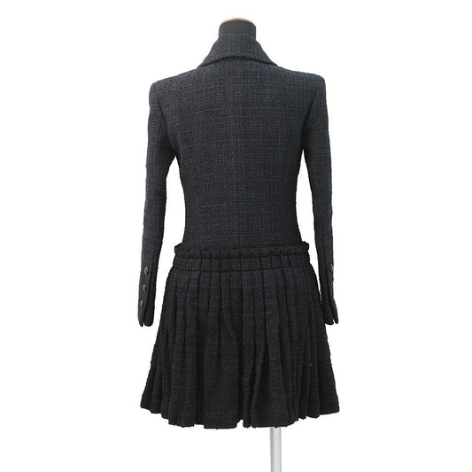 CHANEL Tweed Double-Breasted Coat Size 34 Black/NavyP64017 Cotton49% Polyamide31% Acryl20%