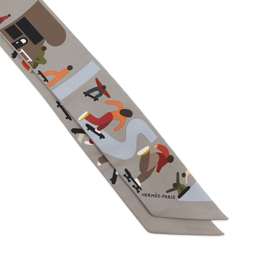 HERMES Twilly figures libres Etoupe/Blanc/Khaki Silk100%