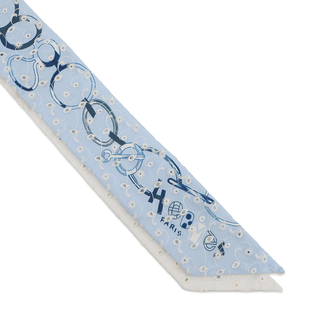 HERMES Twilly Scarf by Do Re Boucles Broderie Anglaise, Spring/Summer 2023 Blue/Blanc/Marine Silk100%