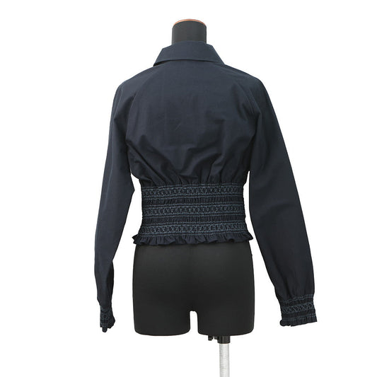 HERMES Veste taille brodee a smocks shirt jacket Size 34 Navy Cotton