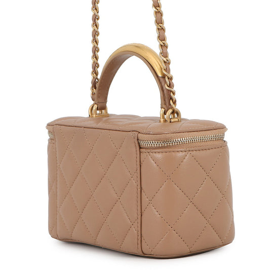 CHANEL Matelasse Top Handle Chain Vanity Bag BeigeAP2199 Lambskin