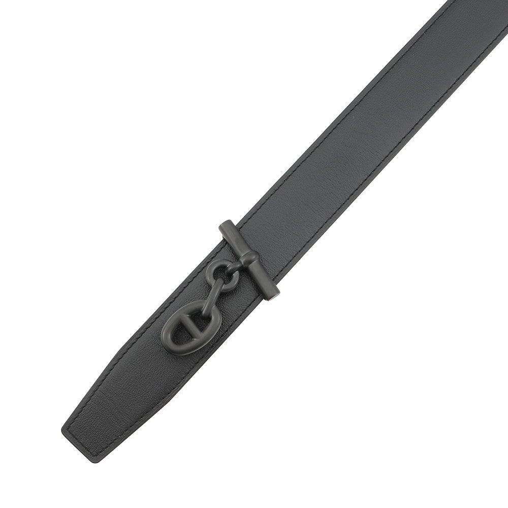 HERMES Yachting Belt Size 95/1.3" Black/Gold Box Calf Leather Epsom
