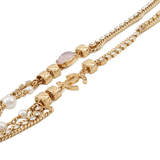 CHANEL CC Logo Stone Crush Chain Logo Necklace Gold Gold Plated Rhinestone Faux Pearl