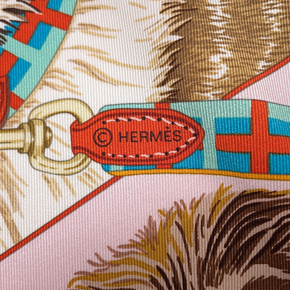 HERMES Carre Jules de Casting Jour DE CASTING Size 70 Beige/Pink/Turquoise Silk100%