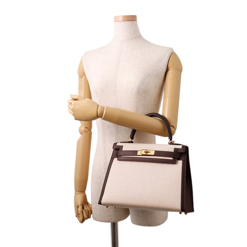 HERMES Kelly Sellier Moka/Ecru Swift Leather Toile H Size 28