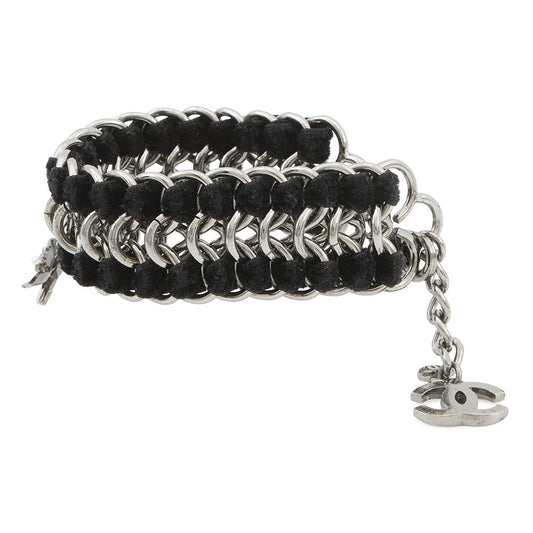 CHANEL CC Logo ChainBracelet Black/Silver Metal Velvet Rhinestone Faux Pearl