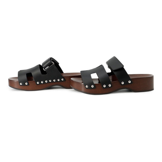 HERMES Cosplay Sandals Black/Brown Leather Wood Size 35