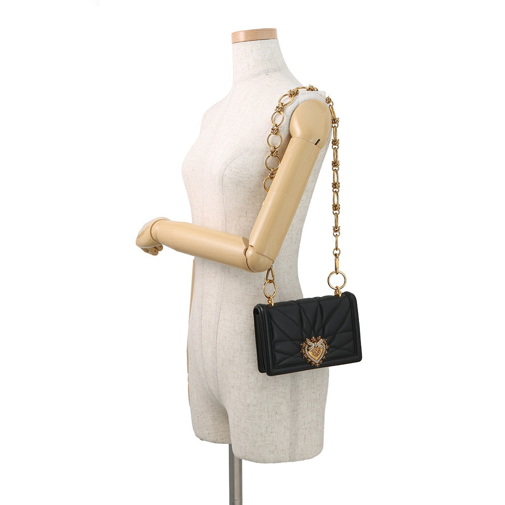 Heart Quilted Shoulder Bag Black Leather