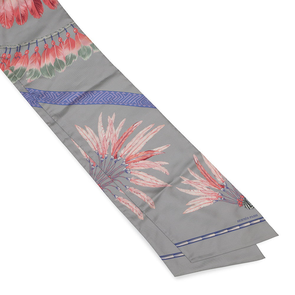 HERMES Maxi Twilly Peacock Feather Gray/Pink Silk100%
