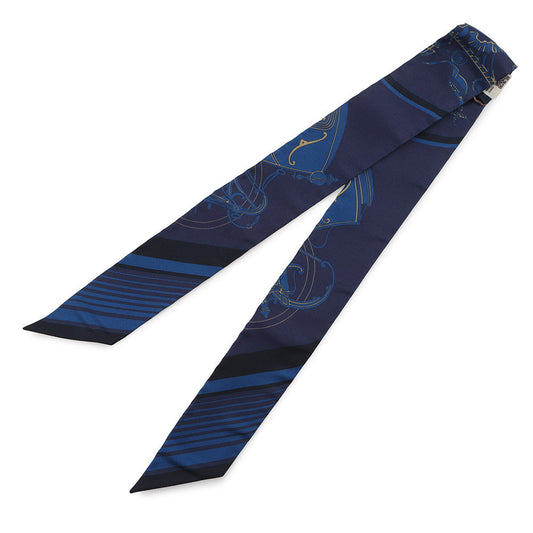 HERMES Twilly Ex-Libris Blue Indigo/Black/Beige Silk100%