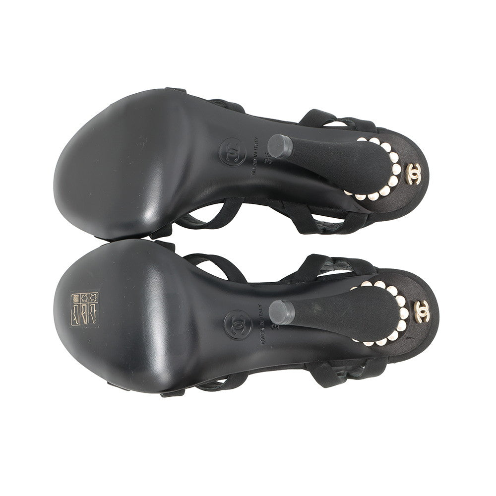 CHANEL Pearl Sandals Black Fabric Size 36