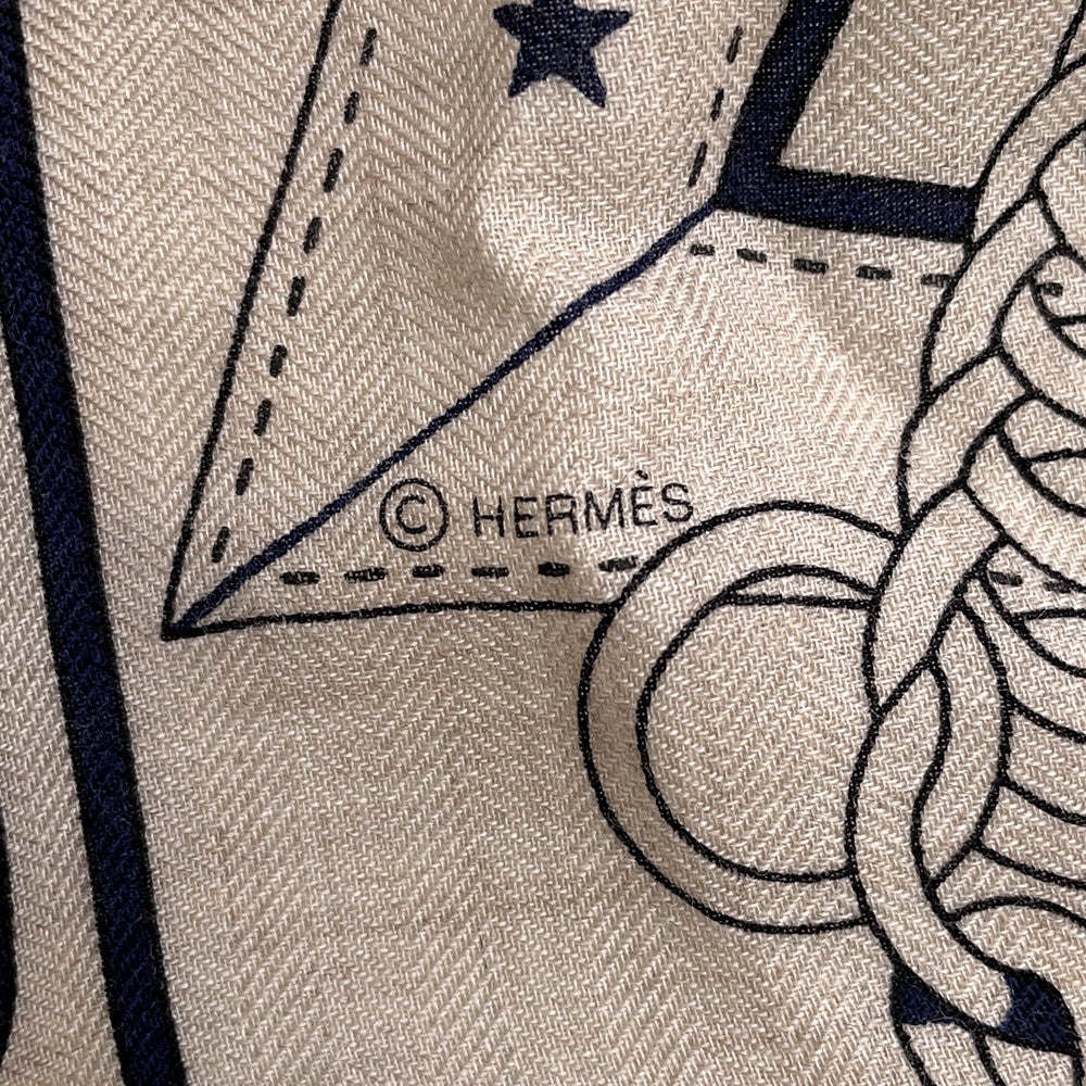 HERMES Giant Square, LA PROMENADE DU MATIN (Morning Walk) Size 140 Natural/Marine/Black Cashmere70% Silk30%