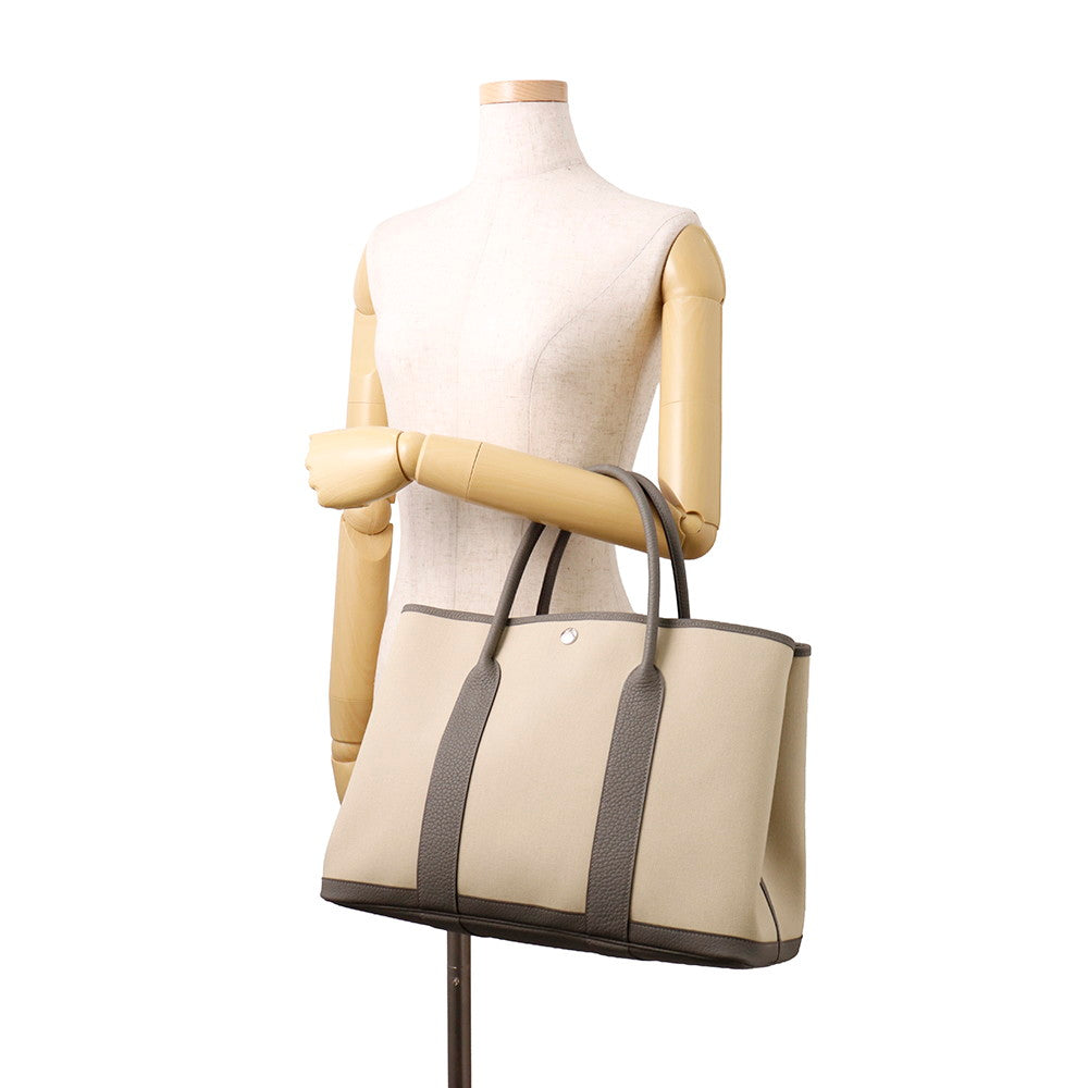 HERMES Garden Party Ecru/Gris Meyer Toile Military Negonda Leather Size PM