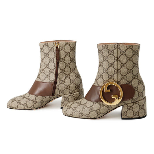 GUCCI Blondie EncreBoots Beige/Brown701706 GG Supreme Leather Size 35