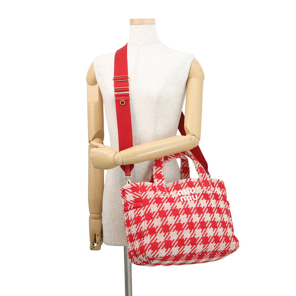 MIUMIU Terrycloth Check 2-Way Tote Bag Red5BG236 pile